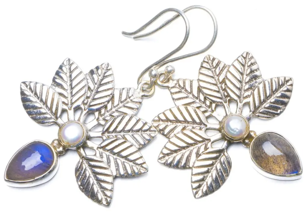 Серьги из натурального Лабрадорита и речного жемчуга ручной работы уникальные