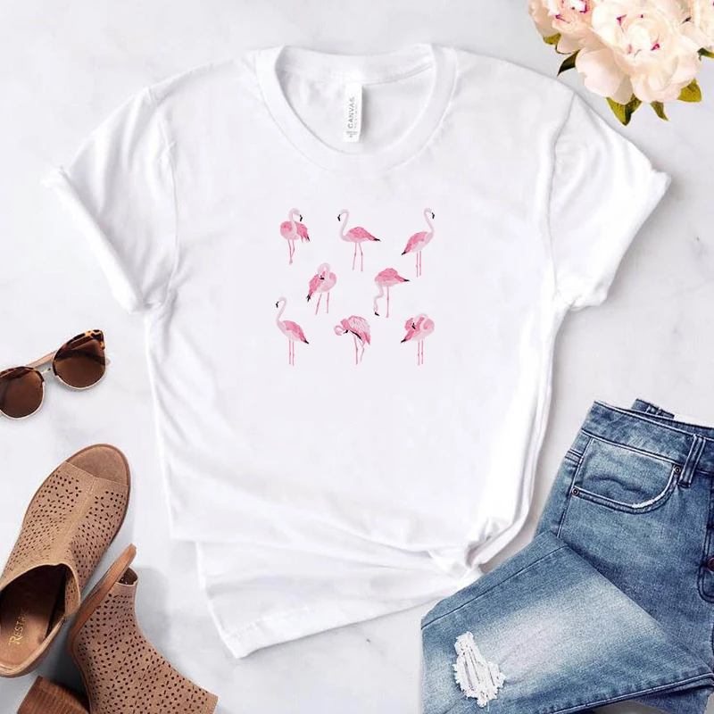 

Animal Flamingo T-shirts Woman White T-shirt Women-clothing Short Sleeve Summer With Sleeves Tops Women's Tees for Short-sleeve
