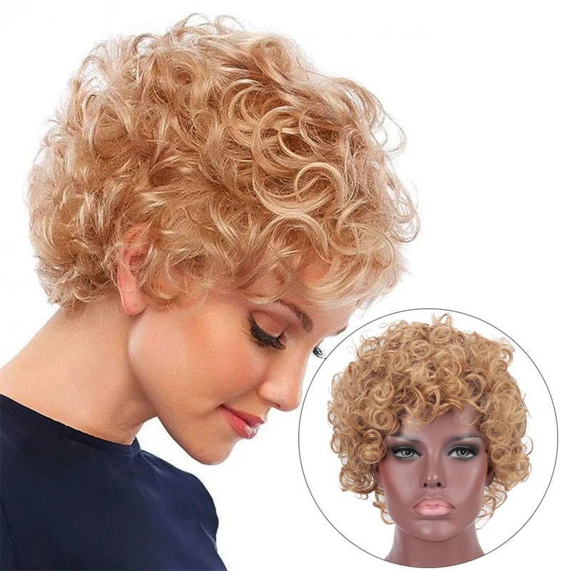 DIFEI Synthetic Short Afro Kinky Curly Wigs With Bangs For Black Women African Blonde Cosplay  High Temperature Wigs