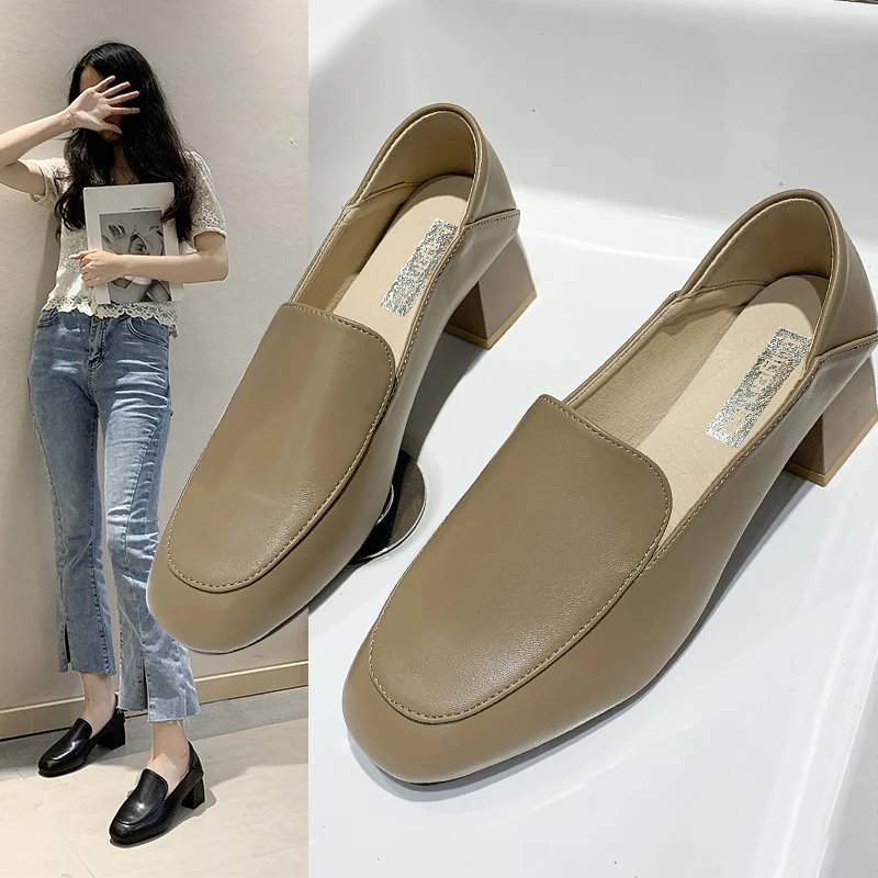 Туфли-лодочки женские на высоком квадратном каблуке лоферы квадратный носок без