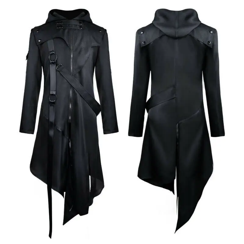 

Mens Long Cosplay Hooded Steampunk Trench Coat Gothic Punk Black Outwear
