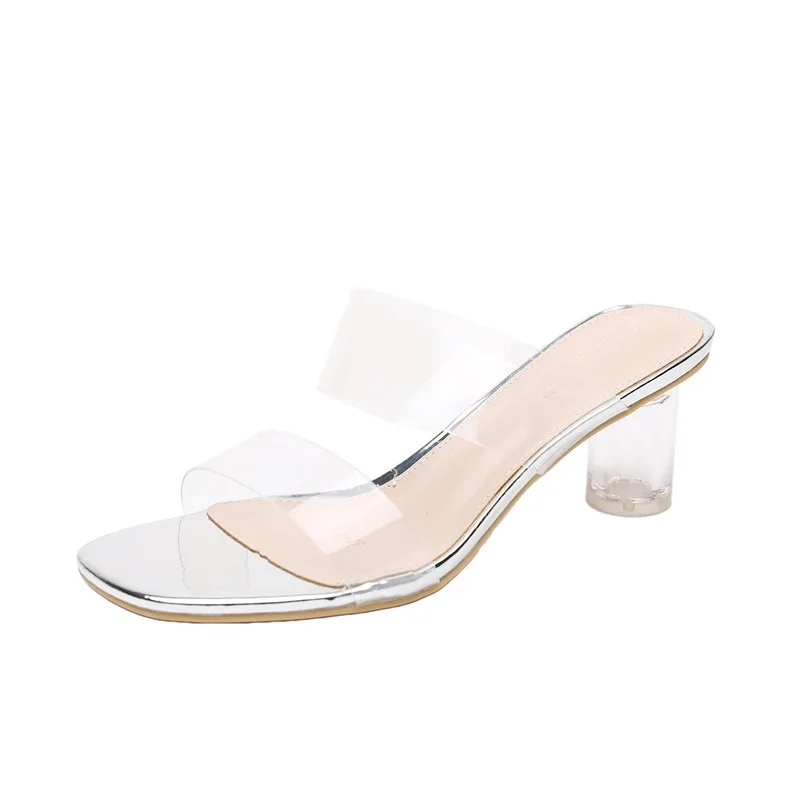 

Women's Shoes High Heels Outdoor Slippers Women's Open Toe Crystal Thick Heel Transparent Square Toe Fashion New Color Matching