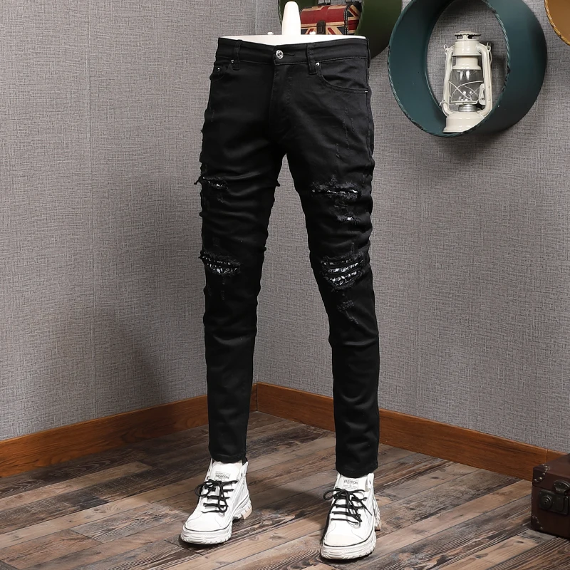 

Fashion Streetwear Men Jeans High Quality Black Elastic Slim Fit Ripped Jeans Men Patchwork Designer Hip Hop Denim Punk Pants