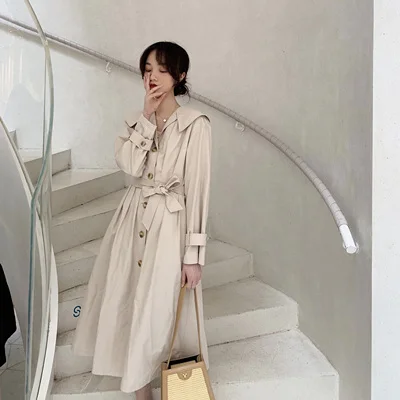 Новая мода весна осень женский простой плащ лацкан длинный рукав ремень