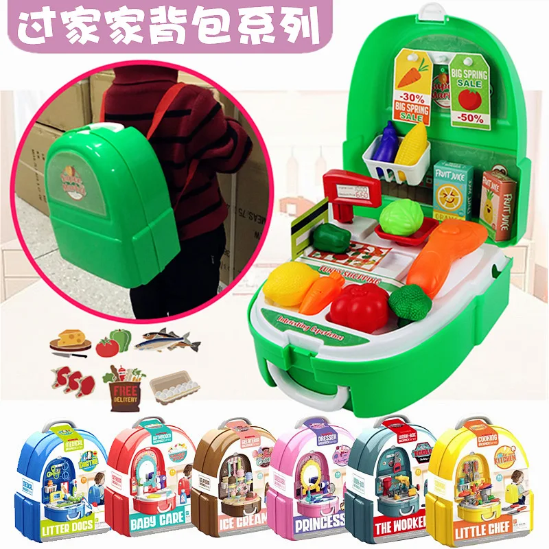 Portable Pretend Play Kids Toys Simulation Kitchen Makeup Doctor Tool Set Playing House Backpack Mini Plastic Storage Box Doll