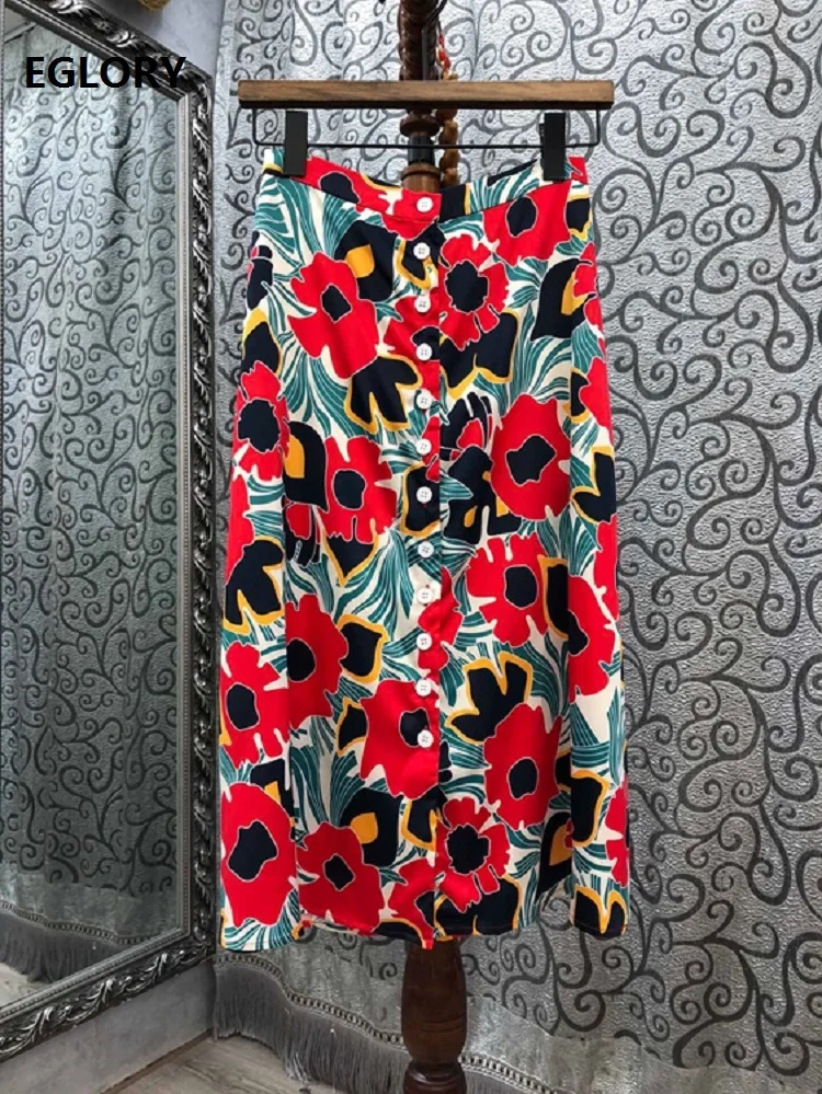 Юбка Женская средней длины на пуговицах Повседневная Базовая с принтом зеленых