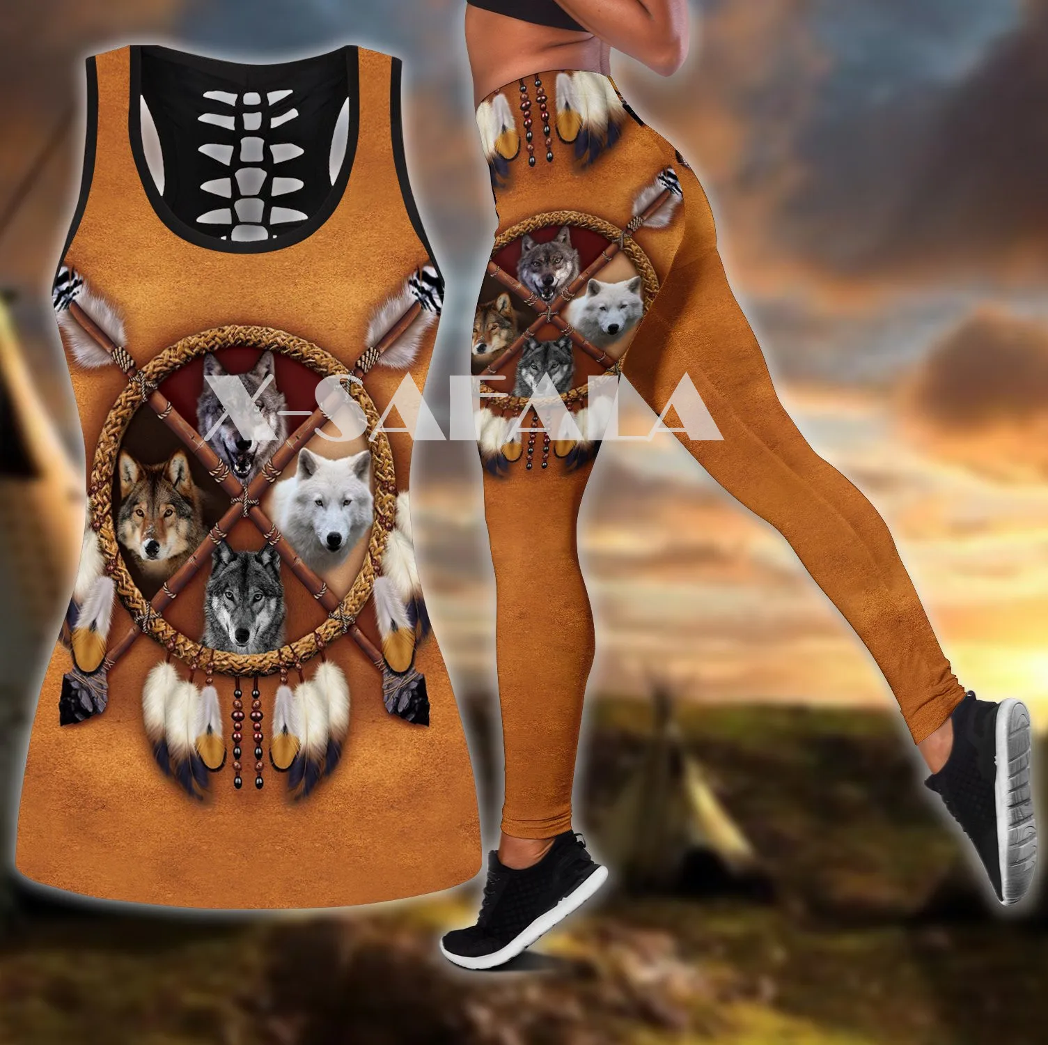 

Native Indian Wolf Animal Two Piece Yoga Set Women 3D Print Vest Hollow Out Tank Top High Waist Legging Summer Casual Sport