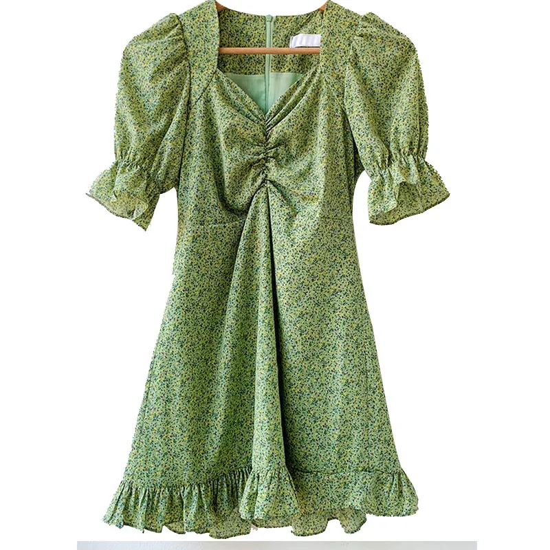 

French Minority Vintage Floral Chiffon Dress Puff Sleeve Square Collar Sweet First Love Skirt Waist Slimming Summer New