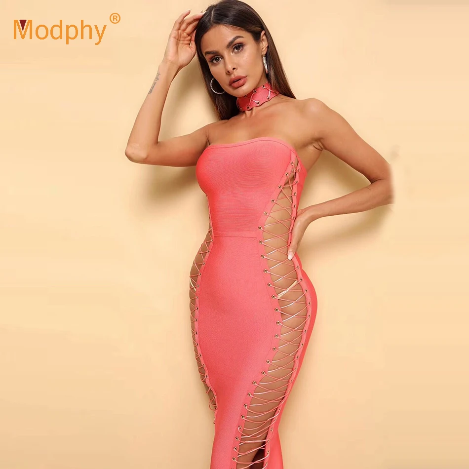 Женское Бандажное платье без бретелек кораллово Красное ажурное Клубное