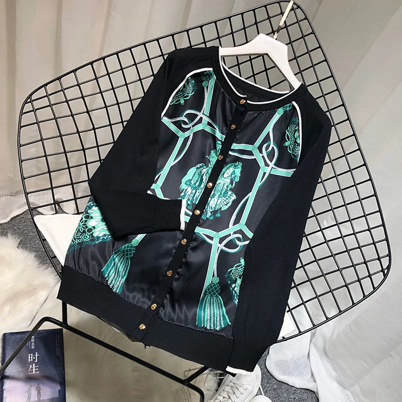 ALPHALMODA с принтом сатиновый, пэчворк вязаный свитер с длинным рукавом Женская новые тонкие трикотажные туфли в стиле ретро; одежда на осень куртка