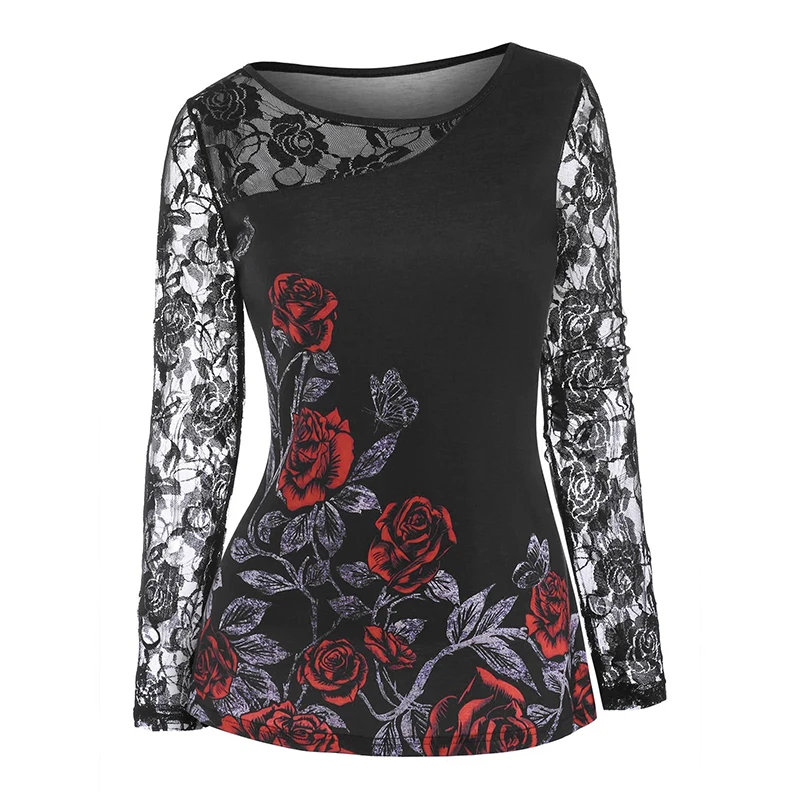 

Women Tee Shirt Long Sleeved Thin Fashion Flower Pattern T-shirt Lady Rose Printing Tops Female Loose O Neck Long Sleeve Clothes