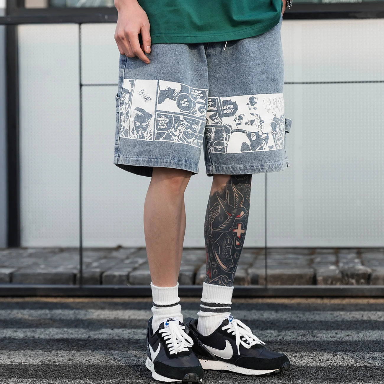 2021 Summer Harajuku Hip Hop Denim Shorts Cartoon Comics Print Streetwear Short Jeans Mens Casual Baggy Pant | Мужская одежда