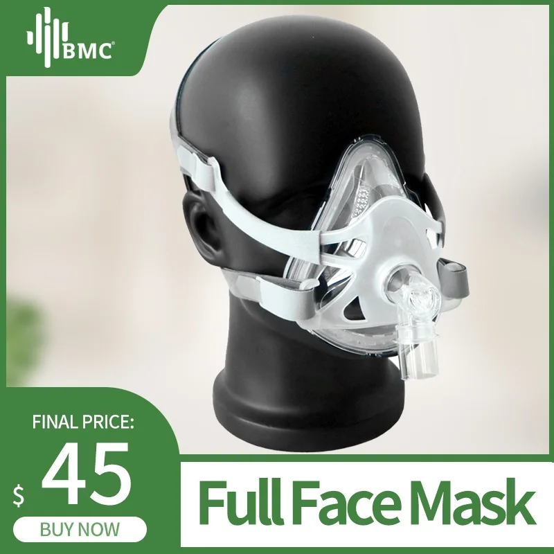 BMC F1A Full Face Mask Рото-носовая маска подходит CPAP аппарату для терапии ХОБЛ храпа с размер SML подключается к лице трубкеи держатели