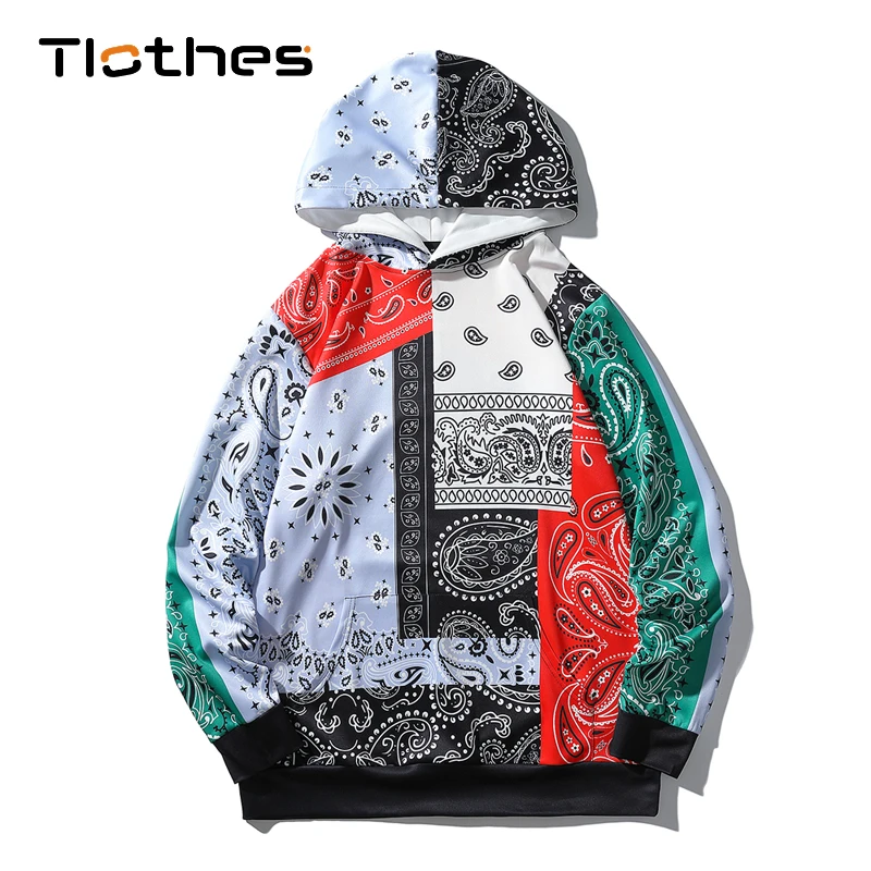 

Модные толстовки с капюшоном и принтом Bandanna, Мужская Уличная одежда, пуловер Пейсли, свободная толстовка, мужские прямые спортивные костюмы...