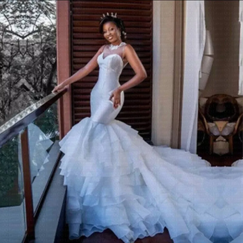 

New Ruffles African Mermaid Wedding Dresses 2023 Lace up Back Amazing Train Arabic Bridal Gowns