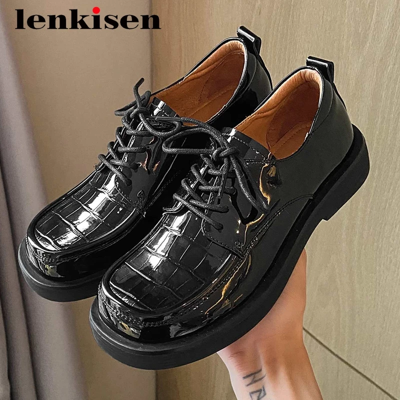 

Lenkisen british school cow split leather stone pattern european design round toe thick low heel lace up fashion women pumps L81