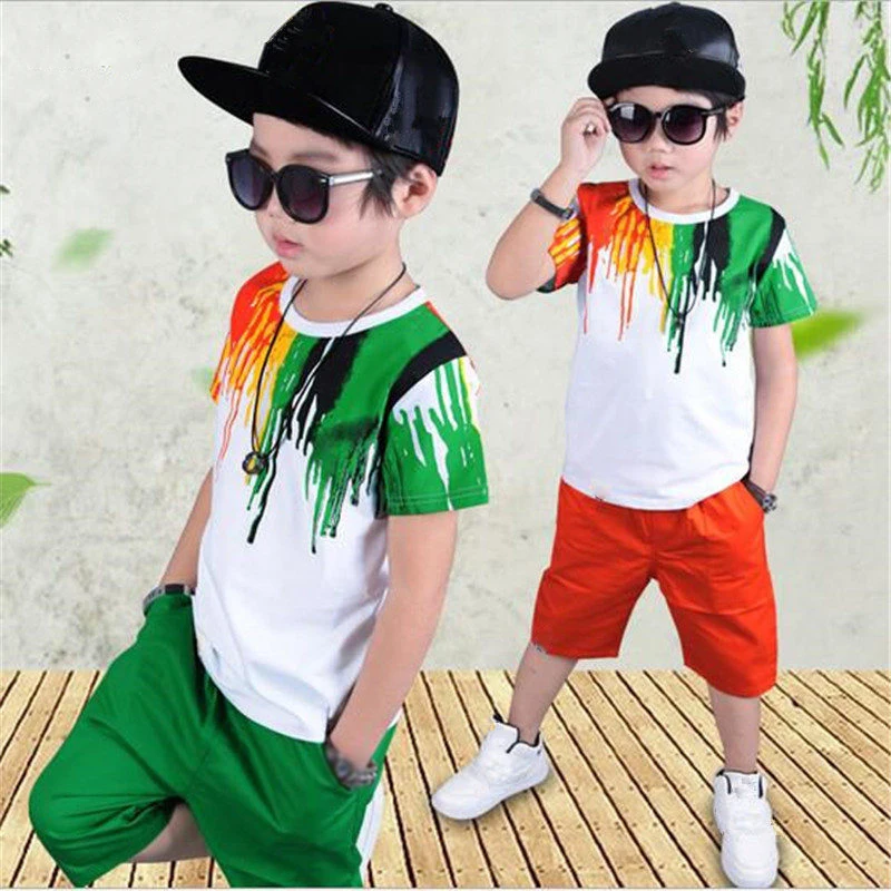 2022 New Summer Boys Clothing Set Casual Hip-hop Stripe Colorful T-Shirt + Pants 2Pcs Suit Kindergarten Performance Kids Clothes