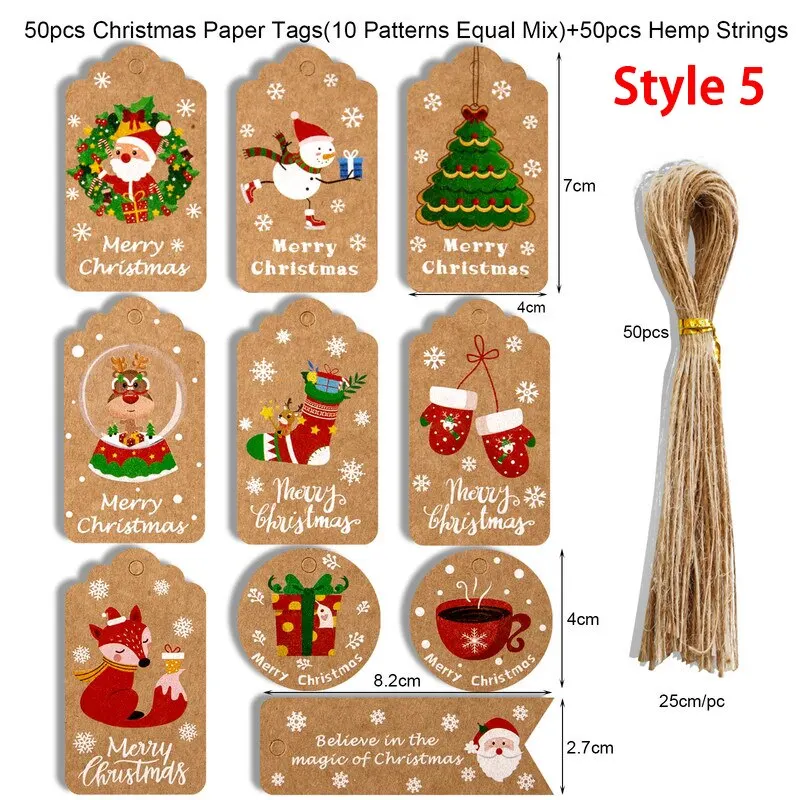

50Pcs Merry Christmas Kraft Paper Tags DIY Handmade Gift Wrapping Paper Labels Santa Claus Hang Tag Ornaments New Year Decor