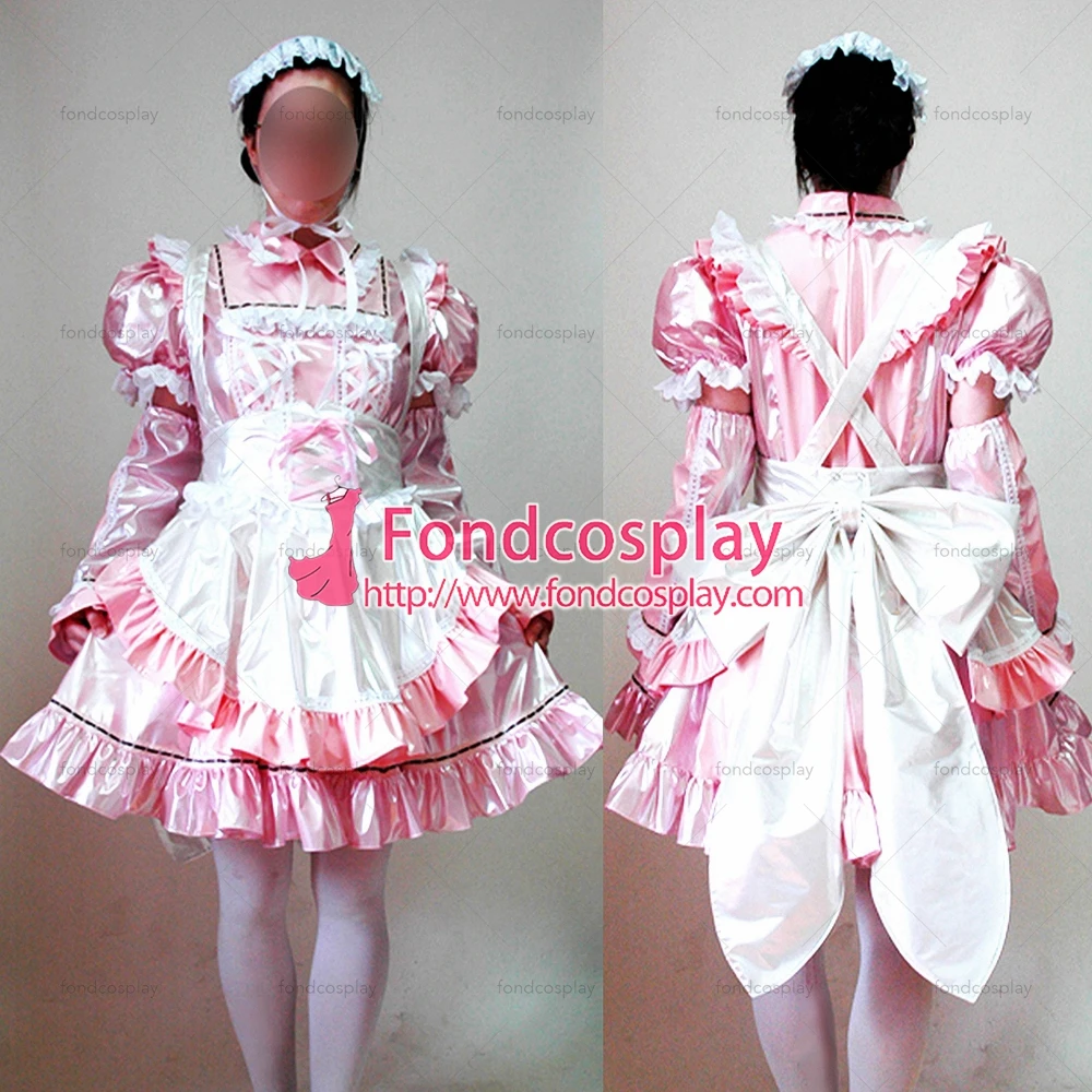 

fondcosplay adult sexy cross dressing sissy maid long baby pink thin Pvc Lockable Dress Uniform apron Costume Tailor-made[CK949]