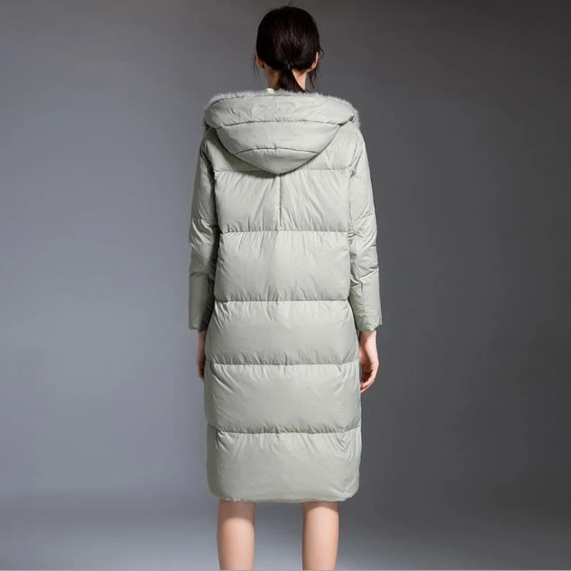 New style long down jacket Women wool collar thick Parcel type coats with a hood female duck clothes medium black overcoat | Женская
