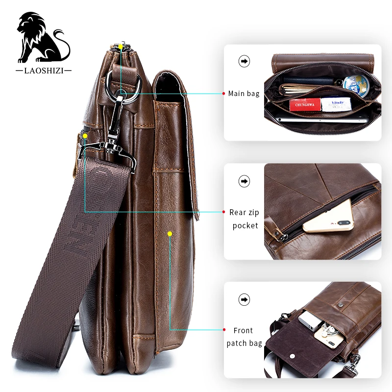 LAOSHIZI Men's Bags Nappa Leather Shoulder Messenger Bag Crossbody Bag Zipper Daily Office & Career Messenger Bag