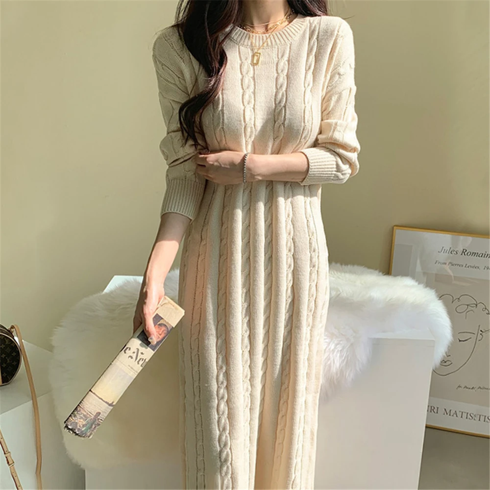 

O Neck Loose Knitted Dress Autumn Fashion Long Sleeve Korean Dresses Basic Winter Sweater Vestidos Chic Female Clothing 2021