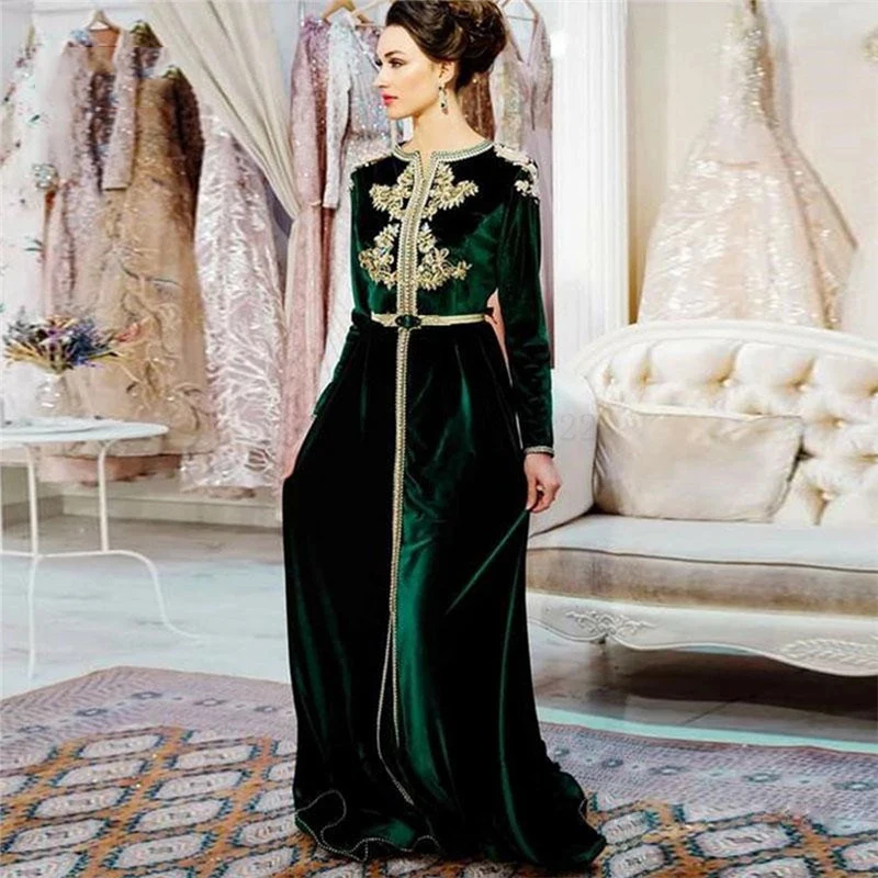 

Thinyfull Green Velour Moroccan Evening Dresse Gold Lace Appliques Long Sleeve Dubai Saudi Arabic Prom Dress Robe De Soiree