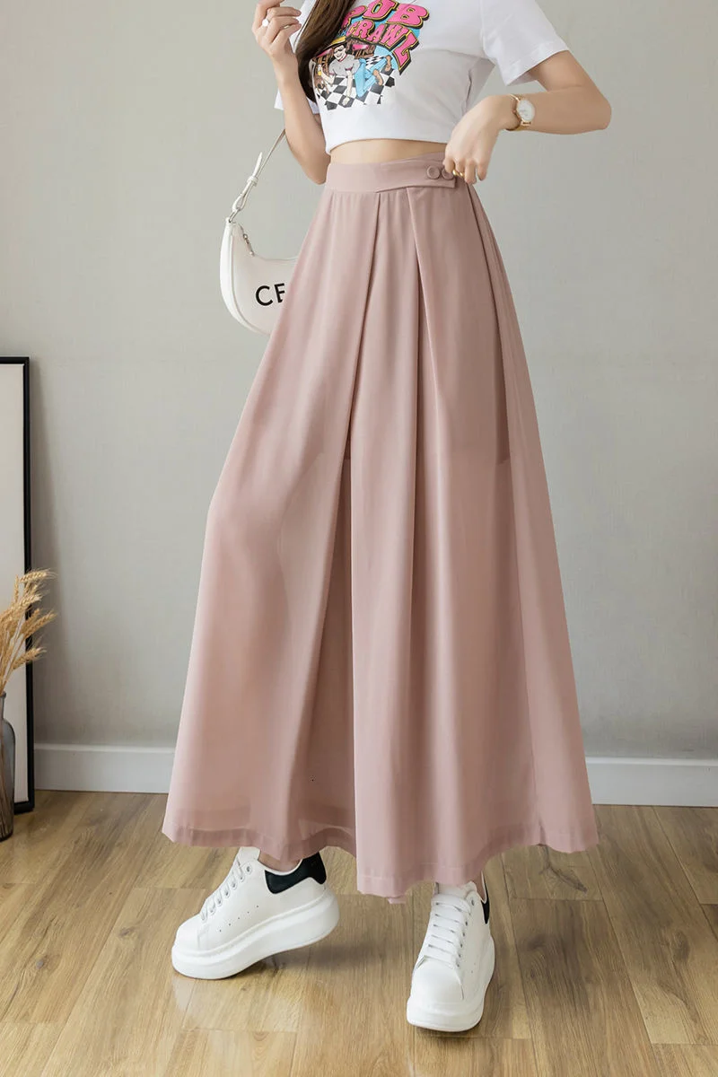 

Chiffon wide leg pants women's summer 2021 new Korean button large elastic waist casual pants skirt 1037#