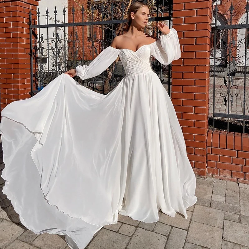 

Long Sleeve A-Line Wedding Dress 2021 Chiffon Beach Simple Women Bridal Robe De Mariee Sweetheart Off Shoulder Bridal Gown