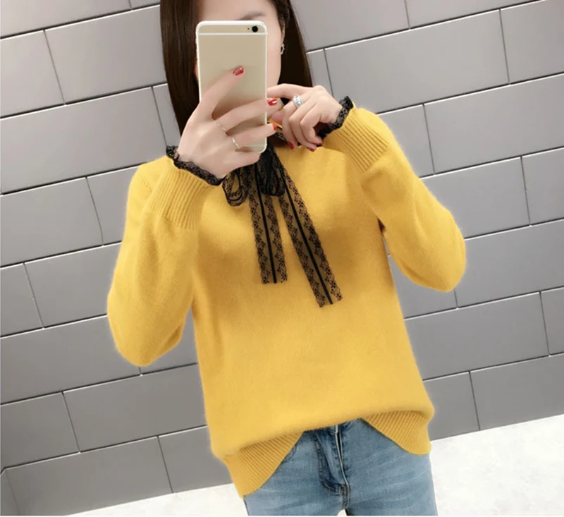 Laides Sweet Solid Sweater Chic Lace Patchwork Knitting Pullovers Turn-dowm Collar Up Knitted Ladies Causal | Женская одежда
