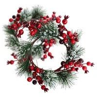 2 pcs red berry pine wreath artificial berries snowy pine needles candle wreaths ring garland for christmas decor