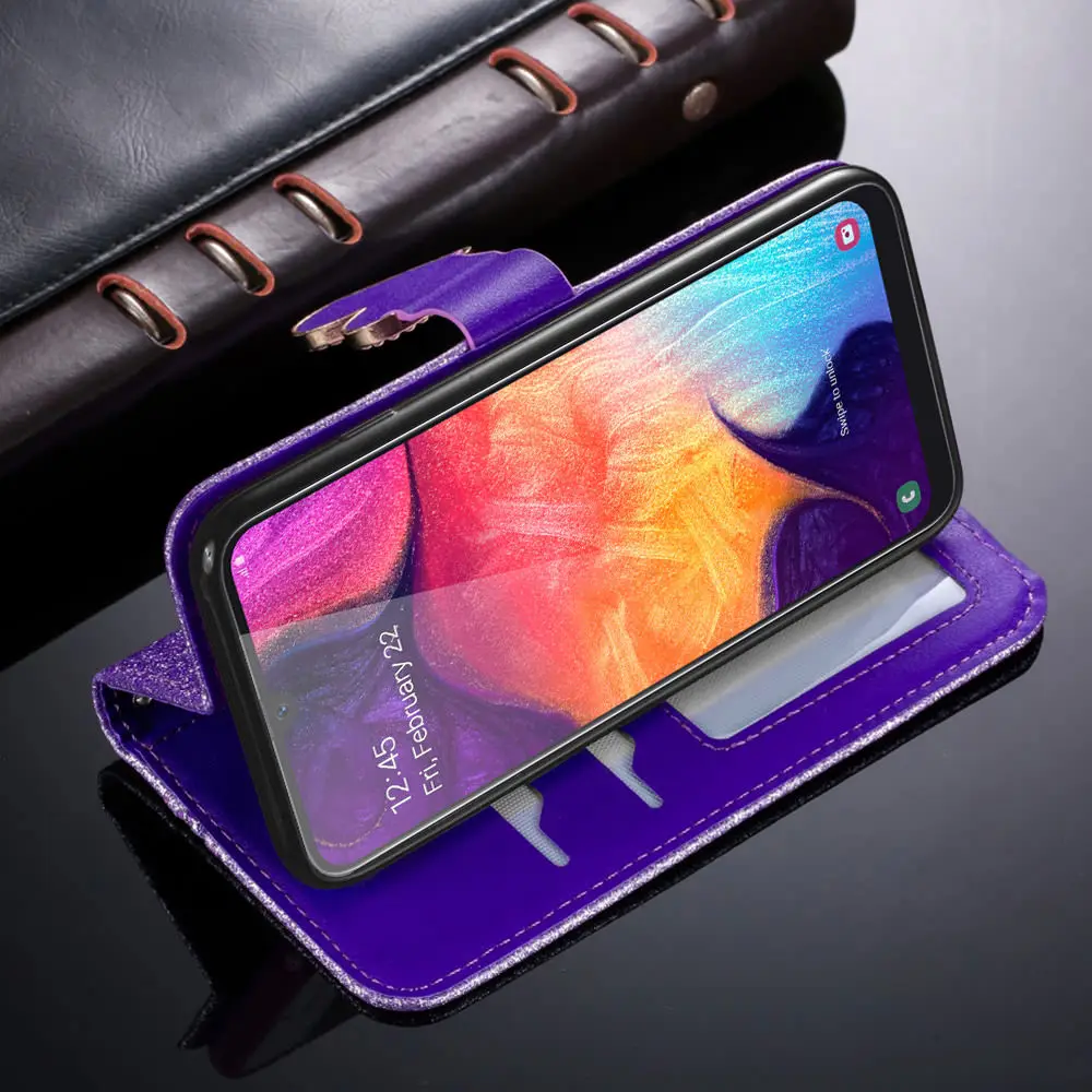 Кожаный чехол книжка с бриллиантами и сердечками для Samsung Galaxy A50 A70 A10 A20 A30 A40 A7 A5 A6