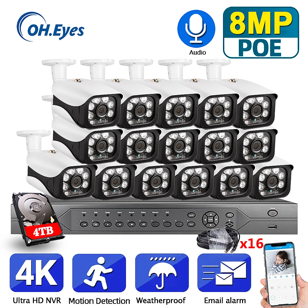 

Комплект наружного видеорегистратора OH.EYES H.265 16CH 8MP AI Home 4K POE NVR Kit 48V 8MP Security Audio POE Camera System Kit видеонаблюдения ТБ