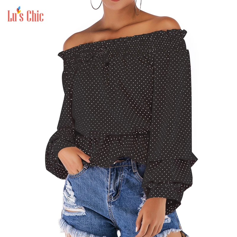 

Lu's Chic Long Sleeve Shirts Polka Dot Women Blouses Off Shoulder Tops Chiffon Tshirt Ruffle Cute Ruched Drawstring Elastic Band
