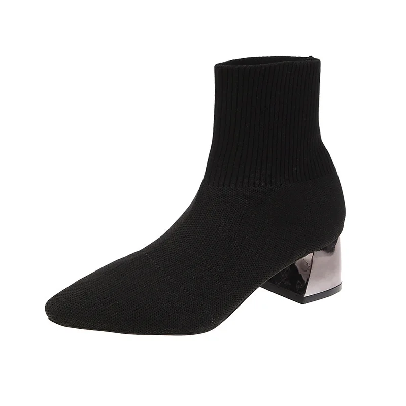 Вязаные эластичные носки ботинки на среднем каблуке короткие женские ботильоны