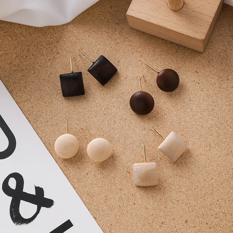 2019 Korean Simple Geometric Wood Handmade Small Stud Earrings for Women Literary Round Square Cute Charm Jewelry Gifts CEL059 | Украшения