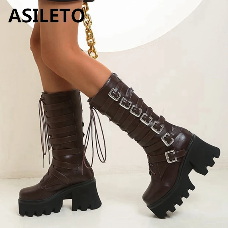 

ASILETO Ladies Mid-Claf Boots New 2021 Square Toe 8cm Block Heels Platform Lace-Up Belt Buckle Zip Stylish Big Size 44 C2283