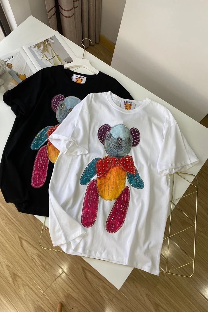 

2021 Summer New Korean Style Rhinestone Bear Cotton Short and Half Sleeve T-shirt round Neck Top Loose