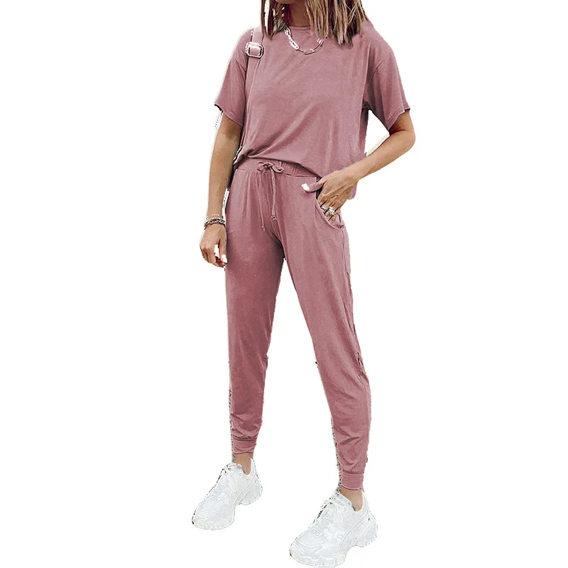 

2021 Summer New European Women's Hot Style Solid Color Round Neck Short Sleeve Leisure Suit