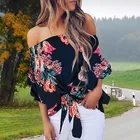 Блузка женская с открытыми плечами, пикантная рубашка с цветочным принтом, Повседневная Свободная блузка на шнуровке, размера плюс, на лето