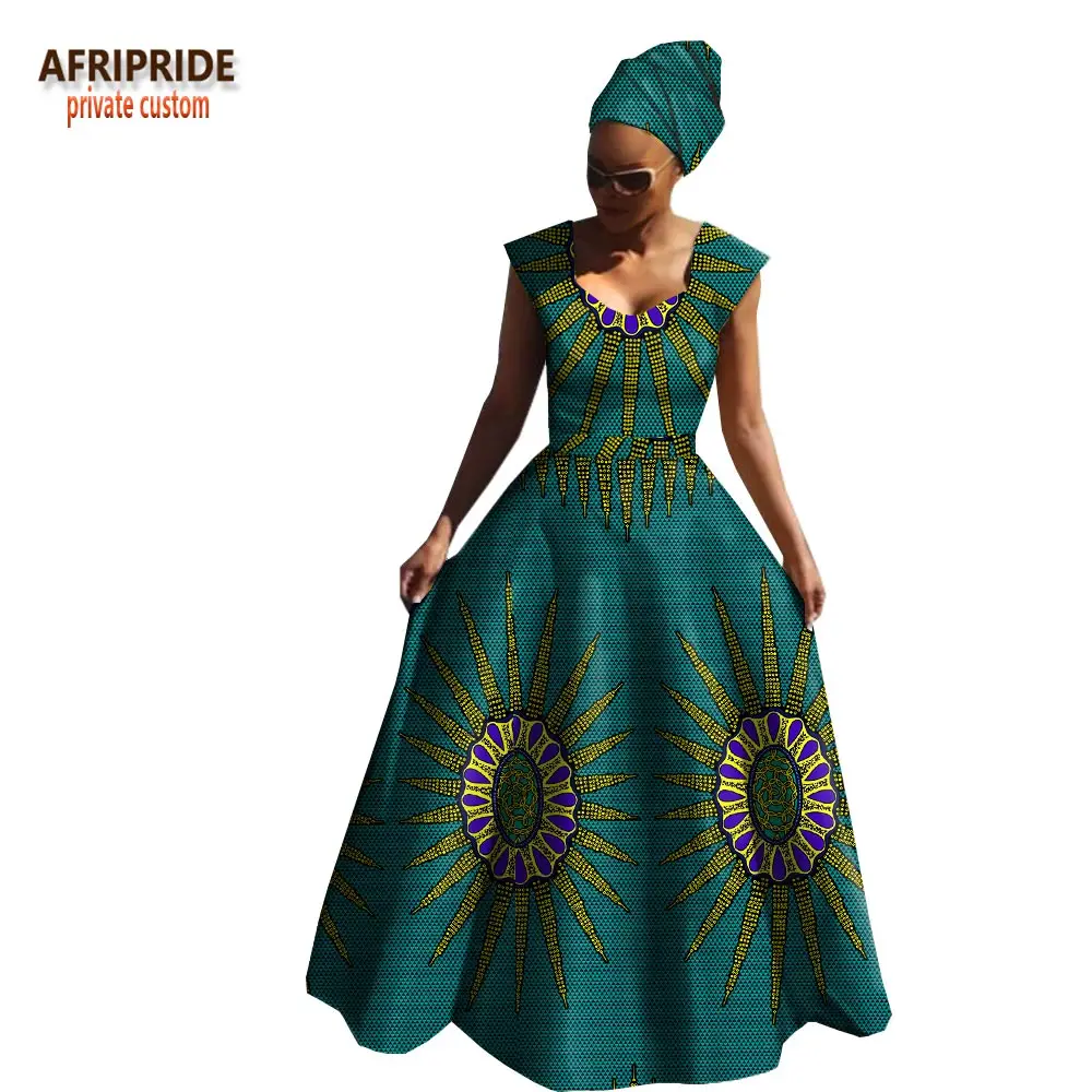 Afripride, Африканское весеннее Хлопковое платье для женщин, без рукавов, v-образный вырез, длина до пола, женское платье с повязкой на голову A1825039 - Цвет: 588J