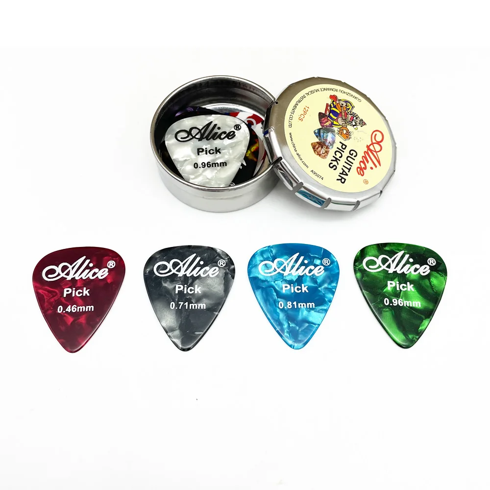 12 stücke alice gitarre picks und 1 metall zinn box zubehör akustische elektrische vermittler guitarra violão 046 071 081 096mm fre