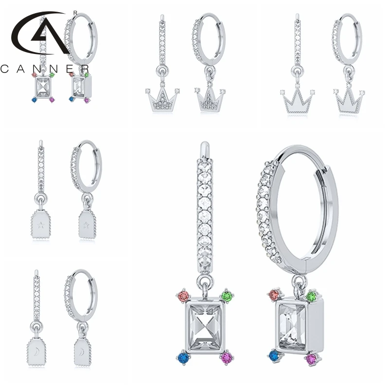 

CANNER 925 Silver Hoop Earrings S925 Sterling Plata Piercing Stud Earring 2021 New Design Zircon Crown Sun Star Ear Hoops A30