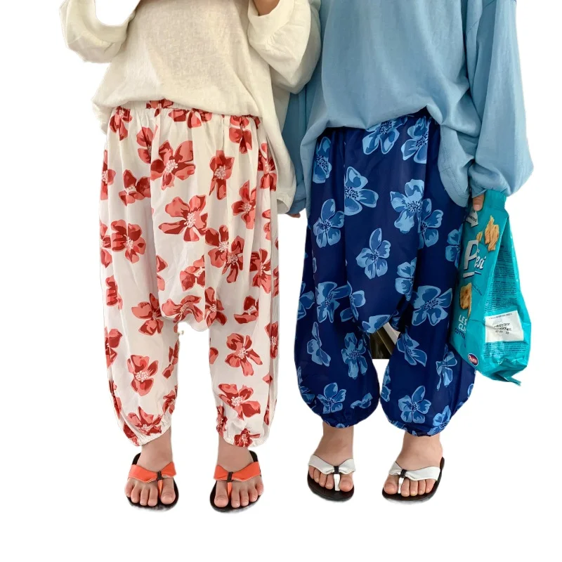 

summer new 2-7 yrs boys and girl flower lantern pants children thin anti-mosquito pants for girl cotton baby harem trousers
