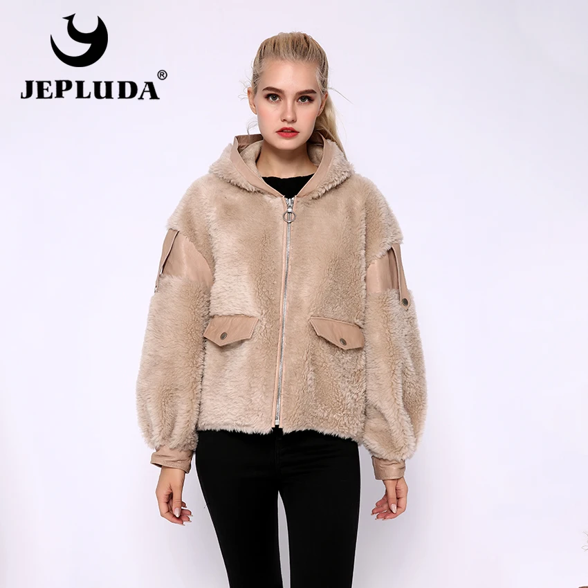 JEPLUDA Модный 100% Щерсть куртка женская из натурального меха и кожа комбинированная