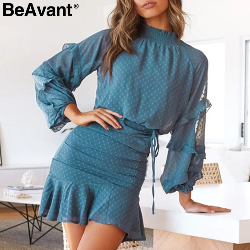 BeAvant/осеннее платье в горошек с рюшами, женское Элегантное зимнее офисное платье с длинными рукавами и шнуровкой, вечерние мини-платья в стиле ретро