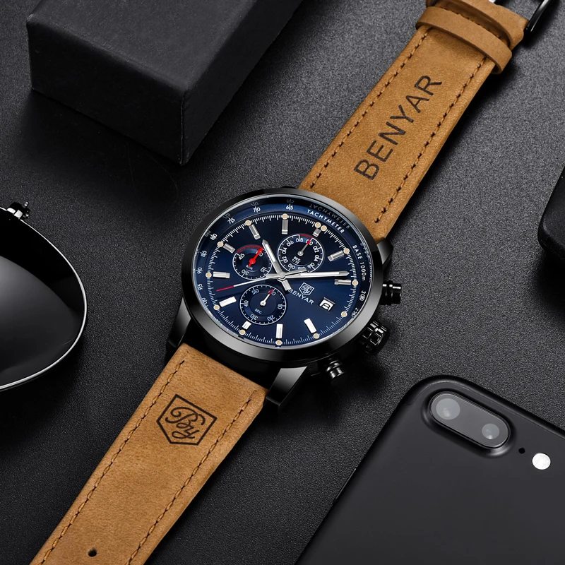

BENYAR Casual Sport Watches for Men Blue Top Brand Luxury Military Leather Wrist Watch Man Clock Fashion Chronograph Wristwatch