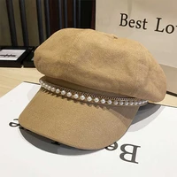 2021 fashion spring and autumn octagonal hats women aesthetic pearl chain solid british beret trend street wear decorate cap