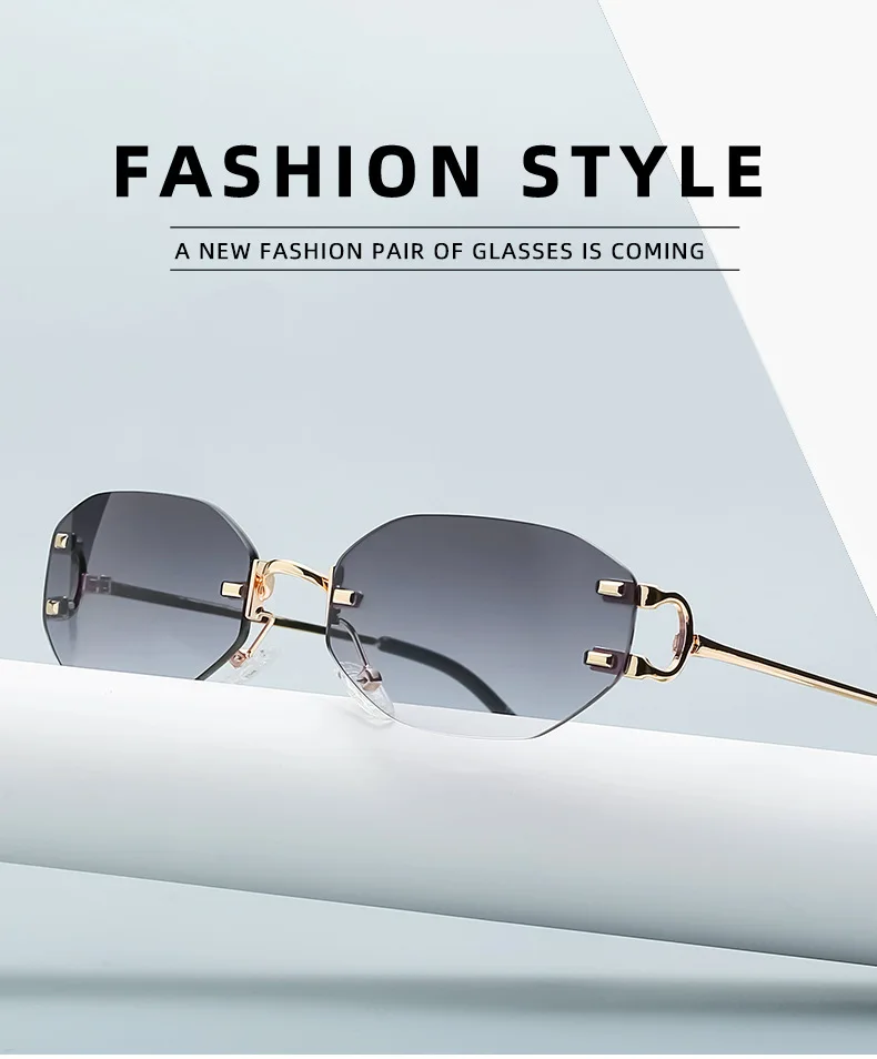 

2021 punk style diamond cutting sunglasses rimless man irregular small frame metal glasses for women frameless UV