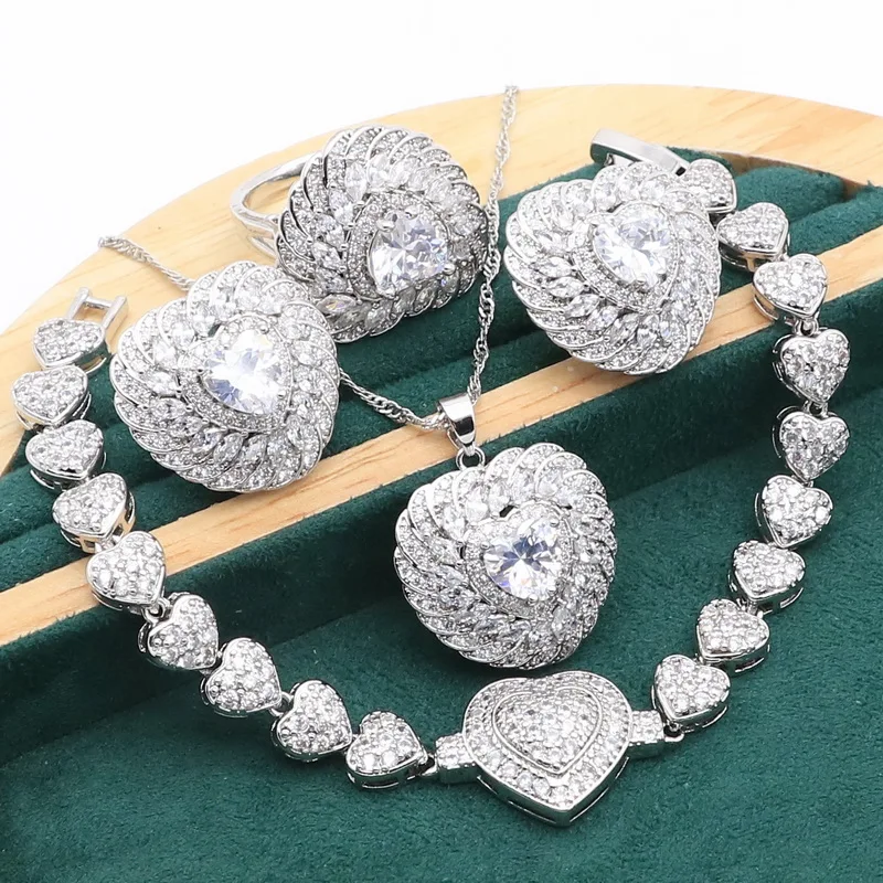 

Luxury Heart White Zircon Silver Jewelry Set for Women Bracelet Stud Earrings Necklace pendant Ring